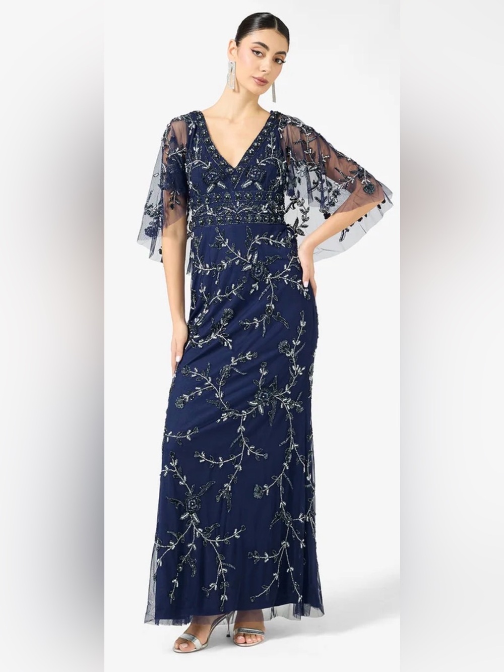 ADRIANNA PAPELL Navy Blue Beaded Mesh Blouson Column Gown. Size 8. NWT. - Picture 4 of 7